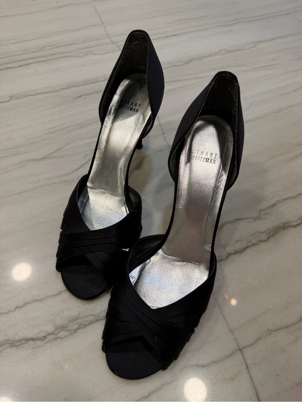 Stuart Weitzman Black Satin D'Orsay Open-Toe Heels